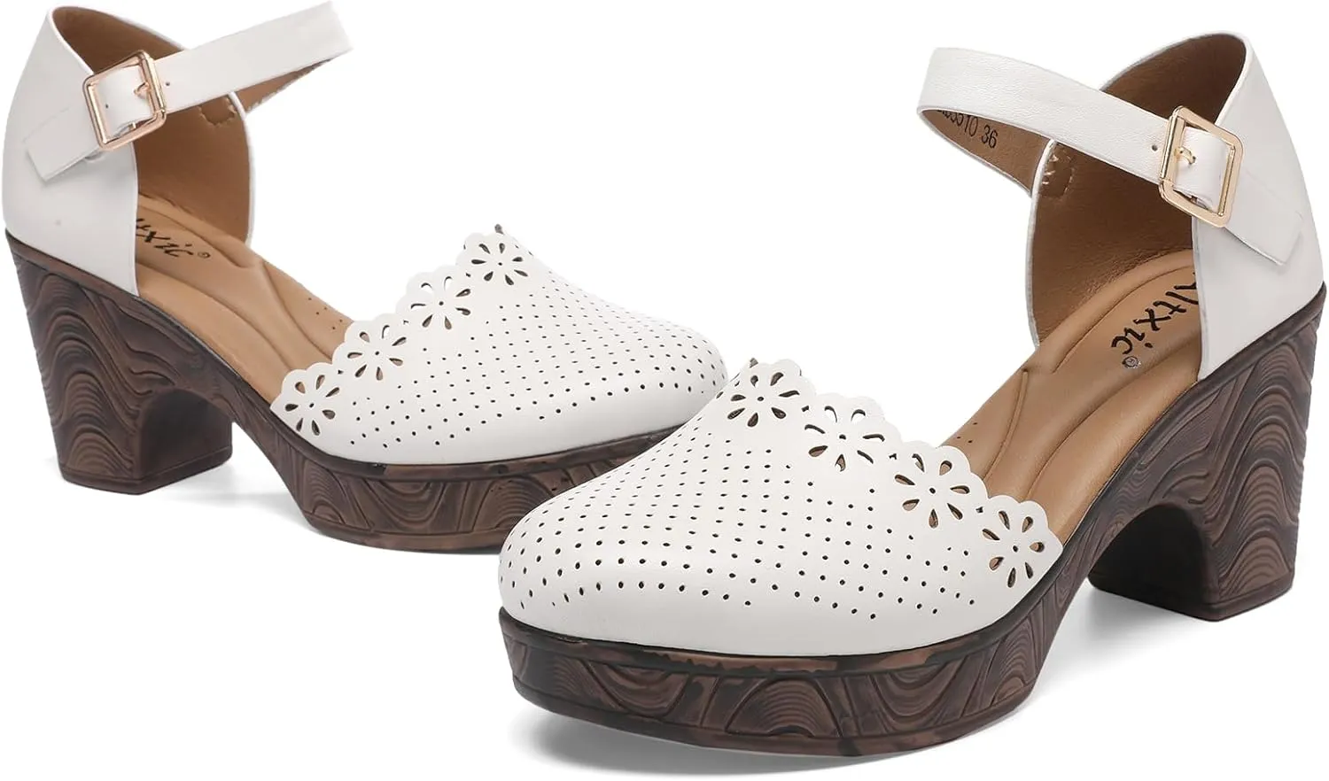 Altxic Women's Closed Round Toe Hollow Out Vamp Ankle Strap Buckle Low Block Chunky Heels Sandals