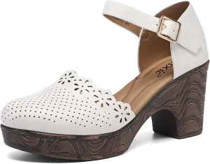 Altxic Women's Closed Round Toe Hollow Out Vamp Ankle Strap Buckle Low Block Chunky Heels Sandals