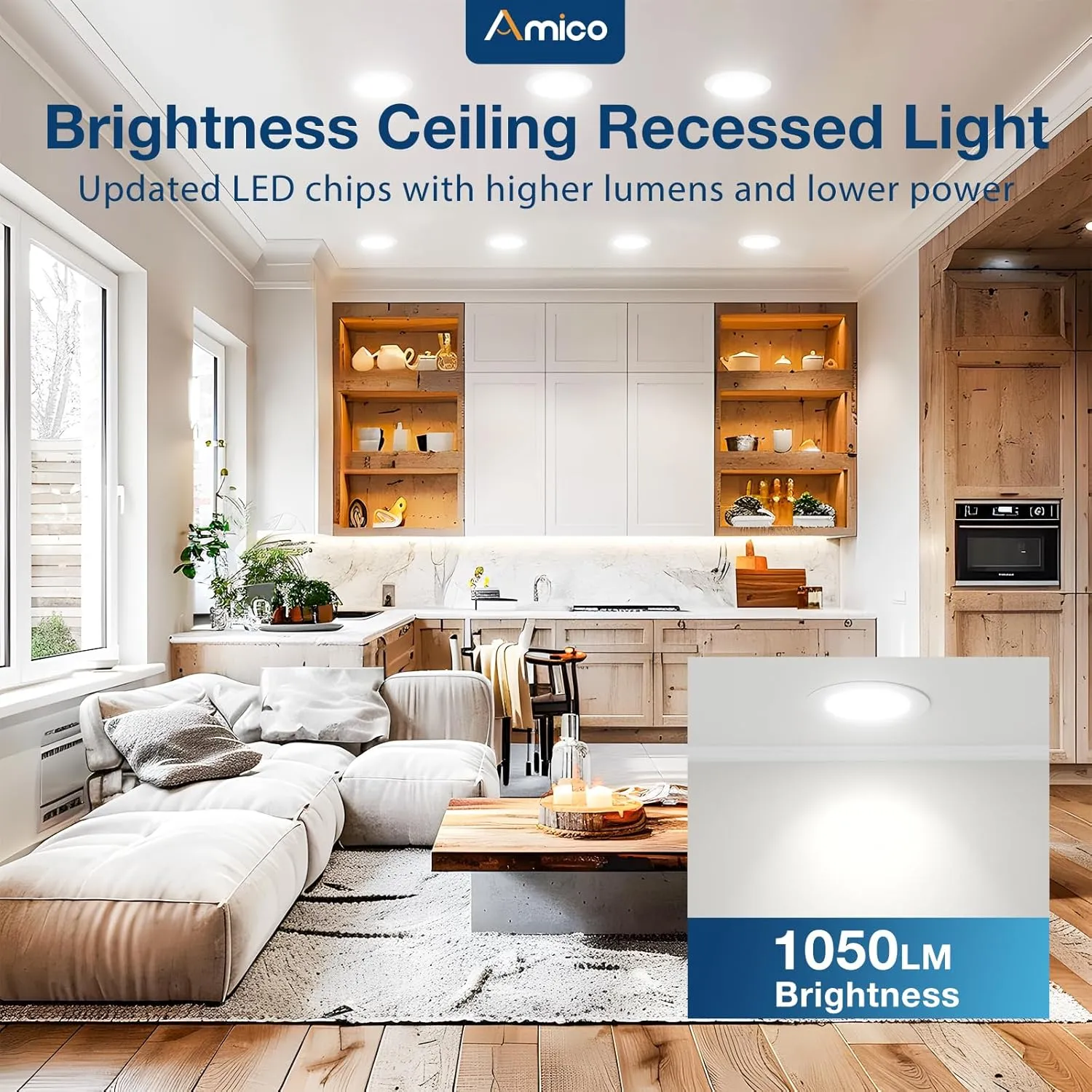 Amico 24 Pack 6 Inch 5CCT Ultra-Thin LED Recessed Ceiling Light with Junction Box, 2700K/3000K/3500K/4000K/5000K Selectable, 1050 Lumens, Dimmable Canless Wafer Downlight, 12W Eqv 110W-ETL&FCC