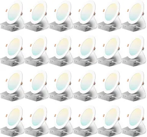 Amico 24 Pack 6 Inch 5CCT Ultra-Thin LED Recessed Ceiling Light with Junction Box, 2700K/3000K/3500K/4000K/5000K Selectable, 1050 Lumens, Dimmable Canless Wafer Downlight, 12W Eqv 110W-ETL&FCC