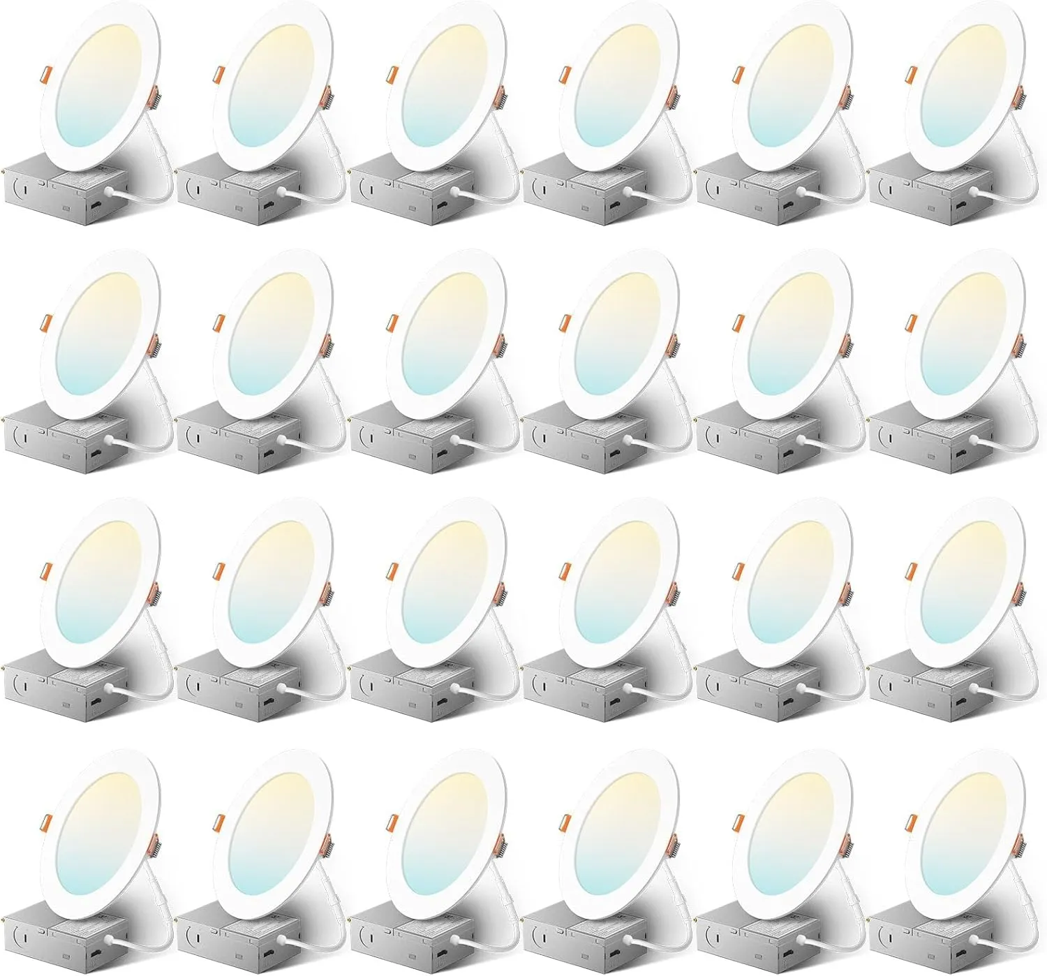 Amico 24 Pack 6 Inch 5CCT Ultra-Thin LED Recessed Ceiling Light with Junction Box, 2700K/3000K/3500K/4000K/5000K Selectable, 1050 Lumens, Dimmable Canless Wafer Downlight, 12W Eqv 110W-ETL&FCC