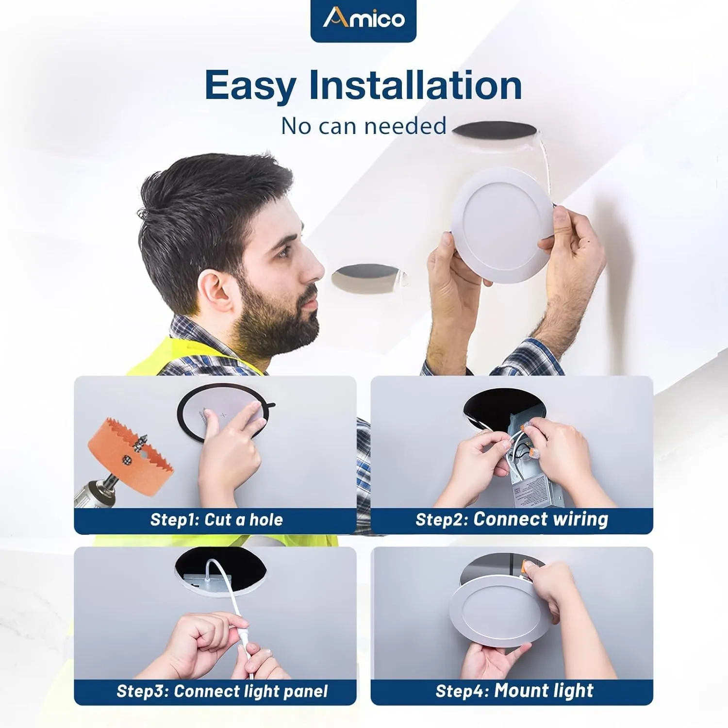 Amico 24 Pack 6 Inch 5CCT Ultra-Thin LED Recessed Ceiling Light with Junction Box, 2700K/3000K/3500K/4000K/5000K Selectable, 1050 Lumens, Dimmable Canless Wafer Downlight, 12W Eqv 110W-ETL&FCC
