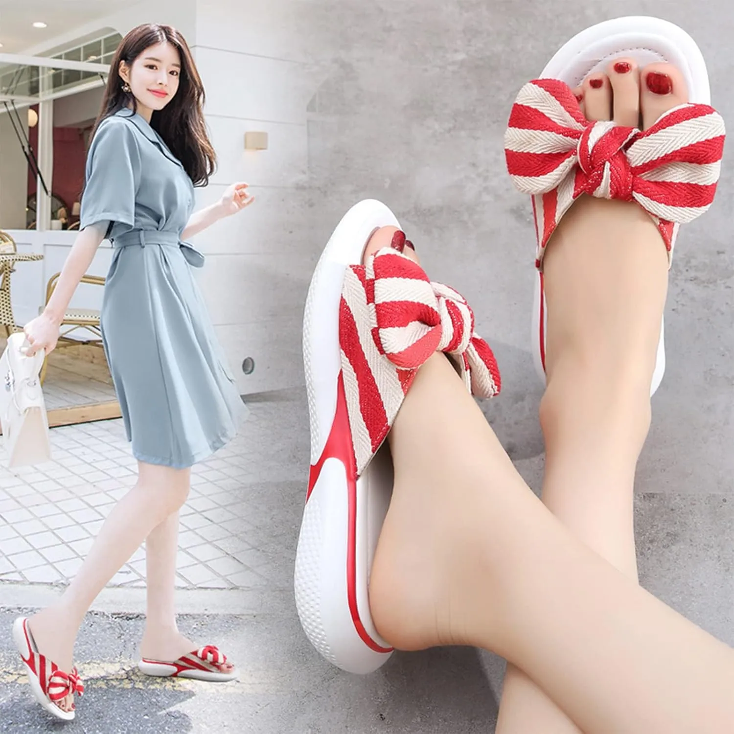 AngryMonkey Platform Flat Sandals Womens Dressy Summer Open Toe with Bow Knot Student Leisure Breathable Beach Muller Wedge Slippers