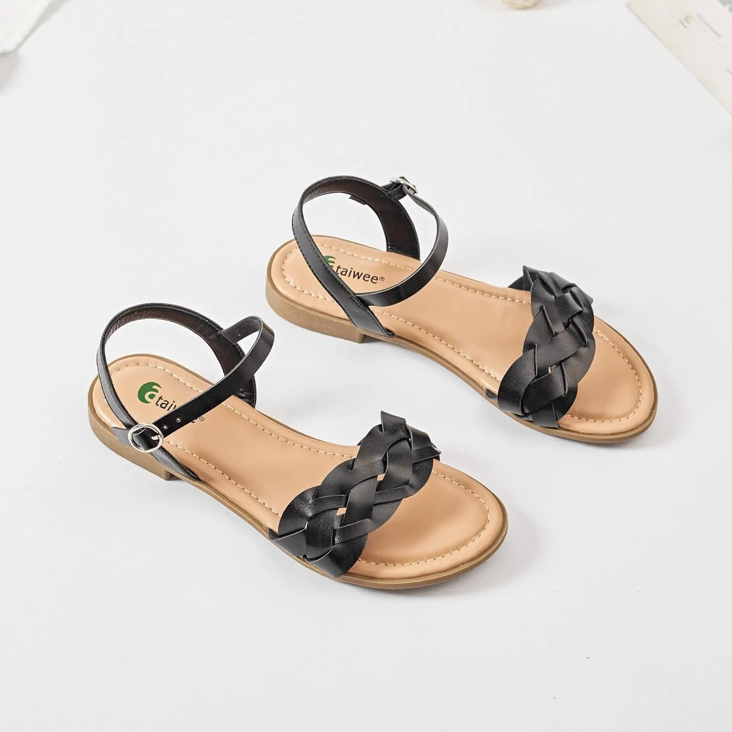 Ataiwee Women's Slide Flat Sandals - Comfortable Slip On Plait Toe Thong Strappy Spring Summer Shoes.