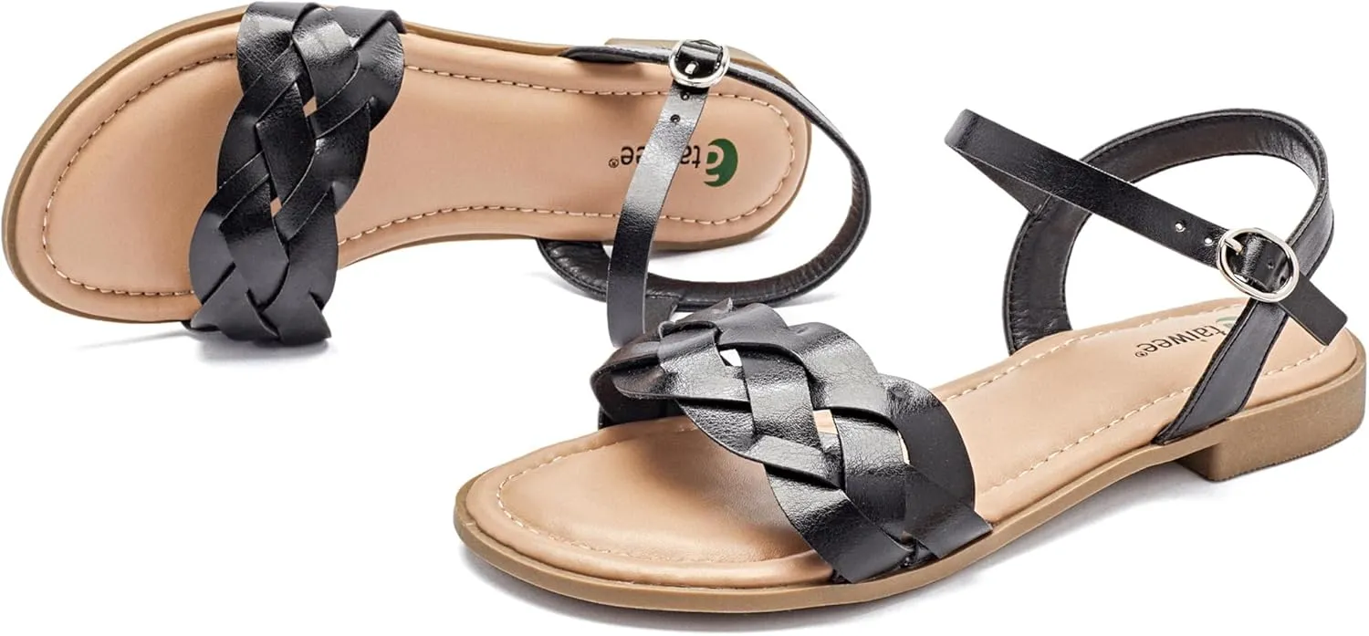 Ataiwee Women's Slide Flat Sandals - Comfortable Slip On Plait Toe Thong Strappy Spring Summer Shoes.