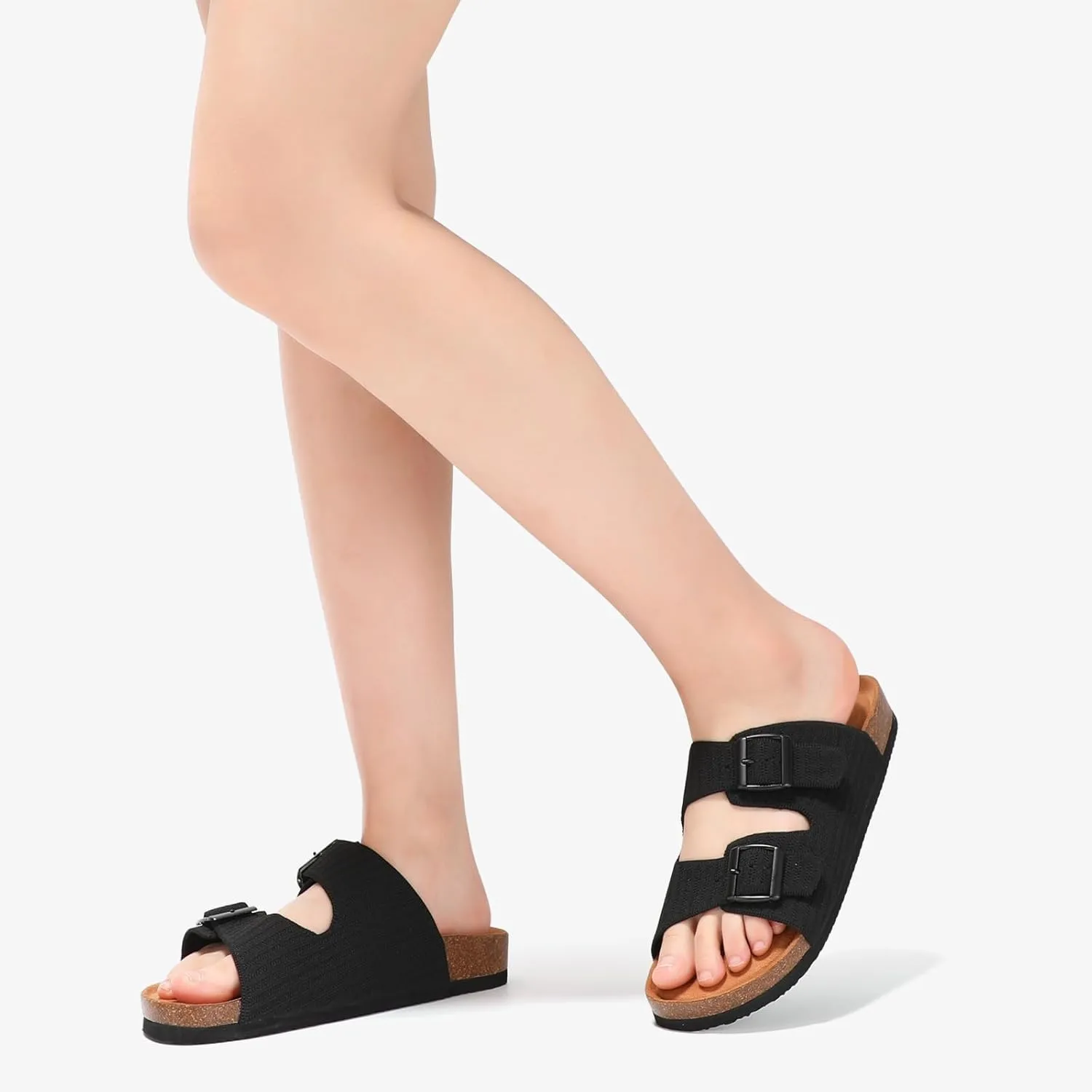 Bacia Womens Cork Footbed Slides Comfort Adjustable Double Buckle Flat Sandals with Memory Foam