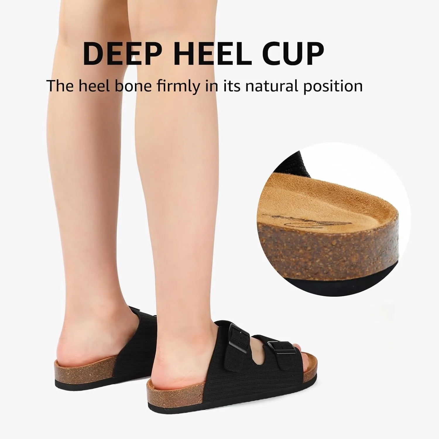 Bacia Womens Cork Footbed Slides Comfort Adjustable Double Buckle Flat Sandals with Memory Foam
