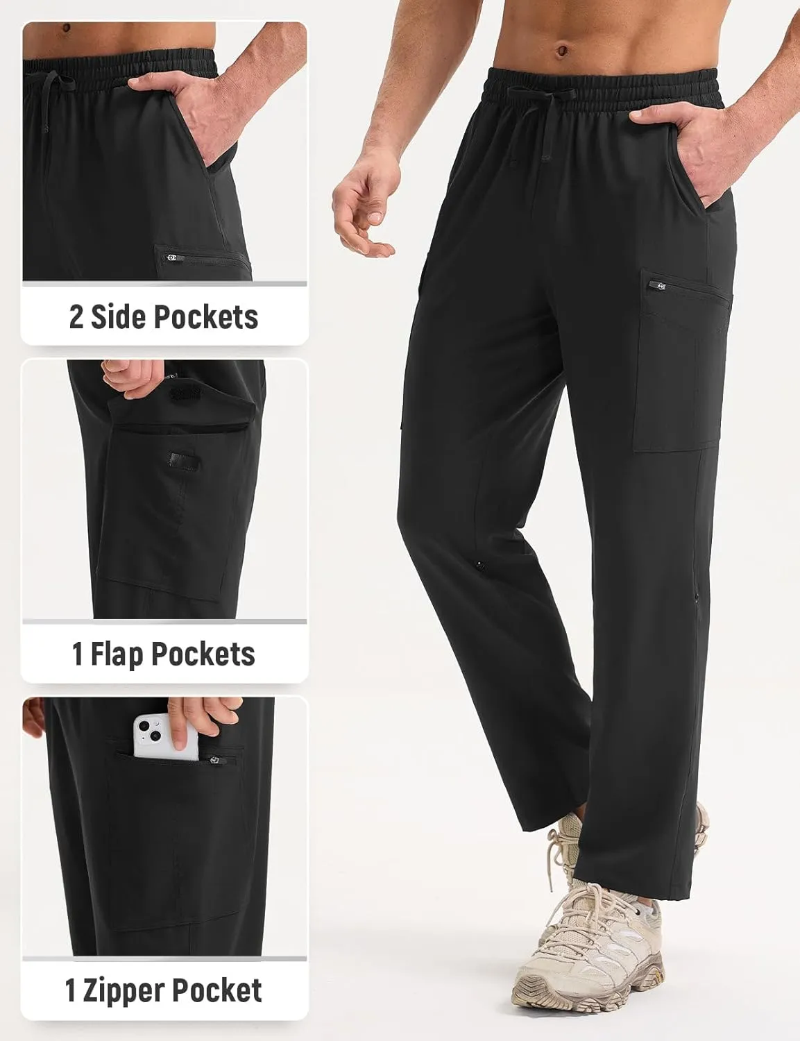 baleaf Men's Hiking Pants Water Resistant Convertible Cargo Capri Roll Up Capri UPF50  Zipper Pockets Clothing Travel