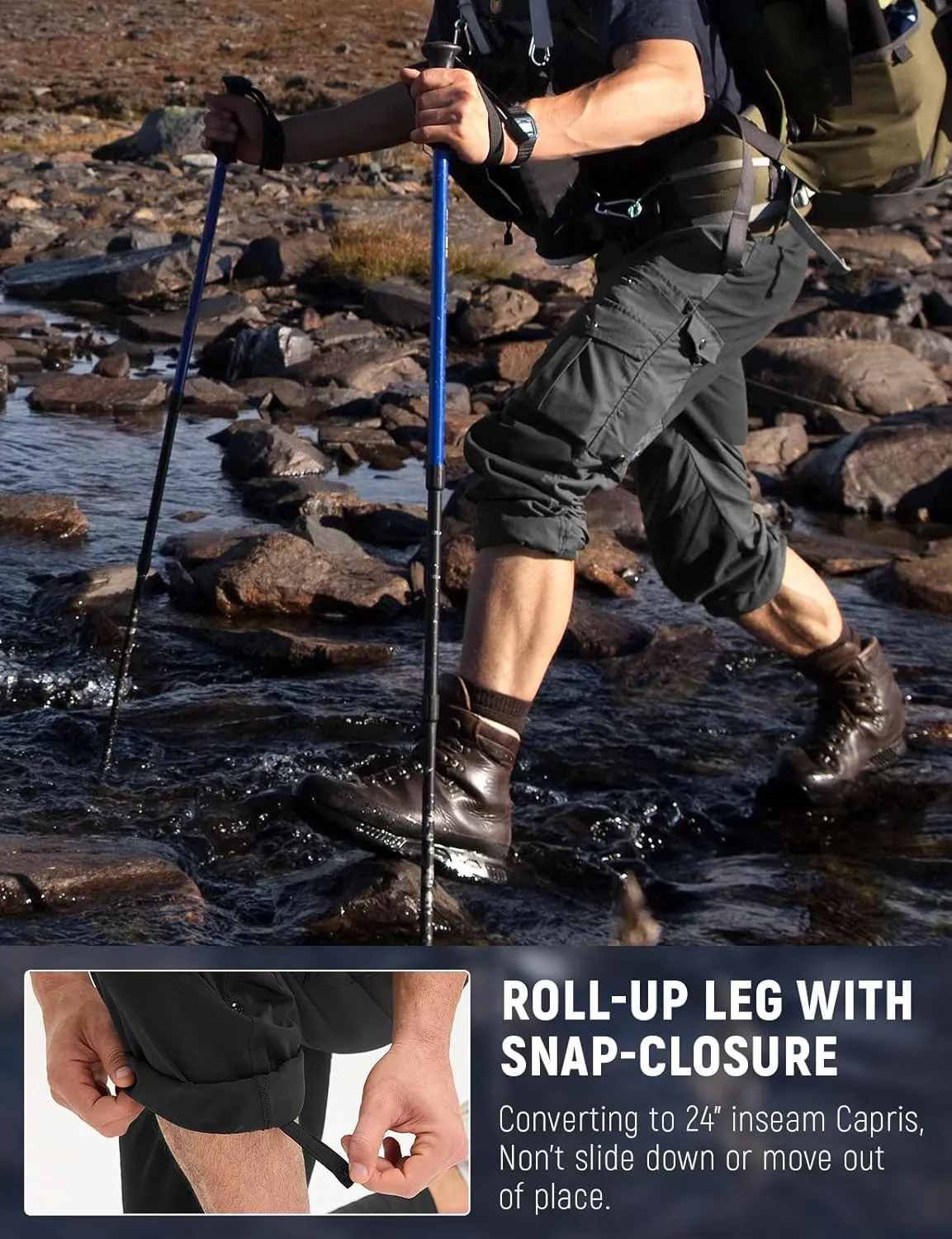 baleaf Men's Hiking Pants Water Resistant Convertible Cargo Capri Roll Up Capri UPF50  Zipper Pockets Clothing Travel
