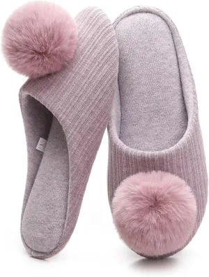 Ballerina Slippers for Women with Pom-pom Soft House Shoes Indoor Slip On with Flexible Rubber Sole