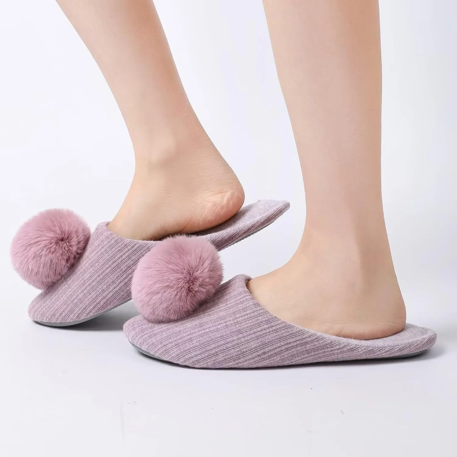 Ballerina Slippers for Women with Pom-pom Soft House Shoes Indoor Slip On with Flexible Rubber Sole