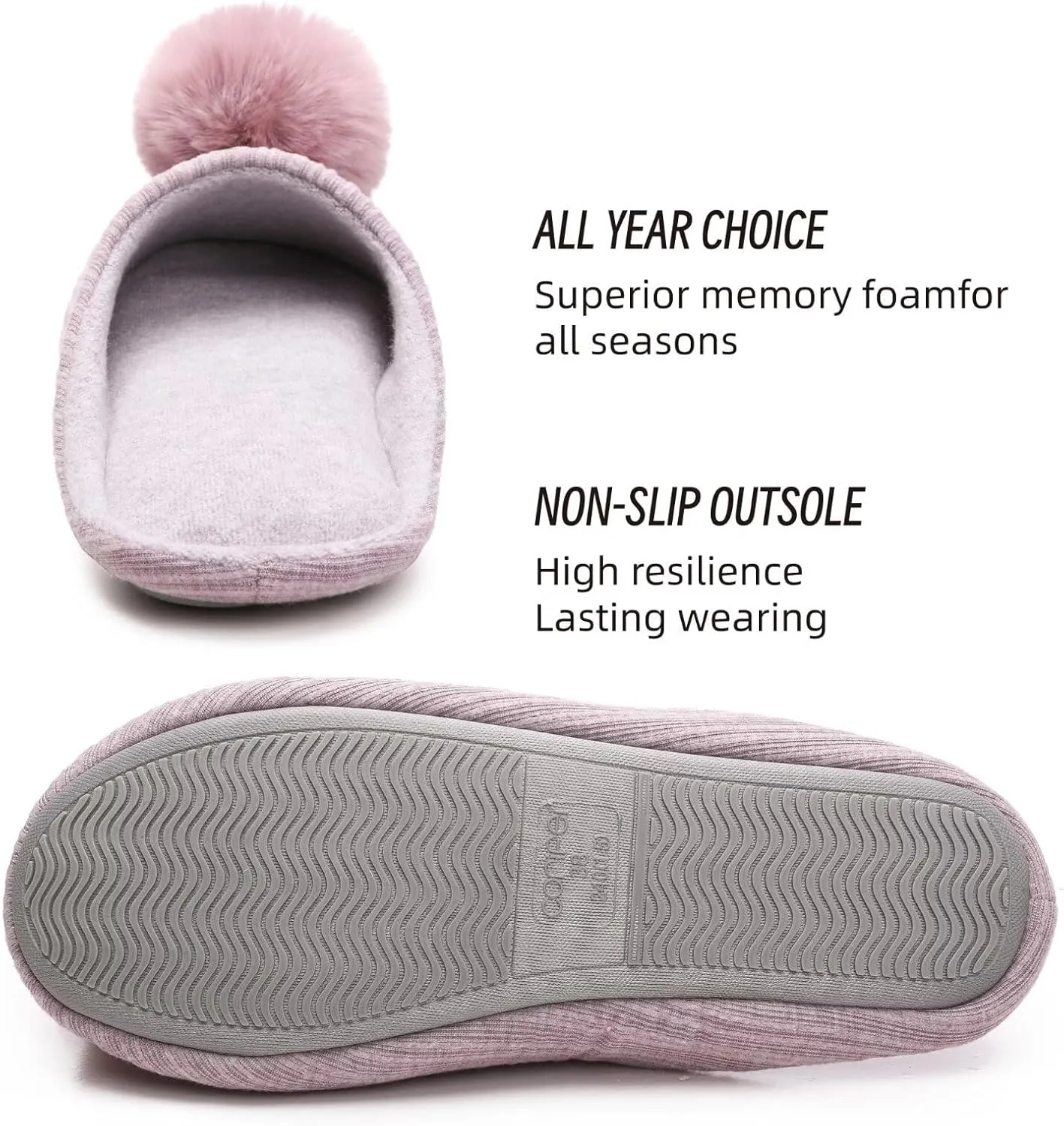 Ballerina Slippers for Women with Pom-pom Soft House Shoes Indoor Slip On with Flexible Rubber Sole