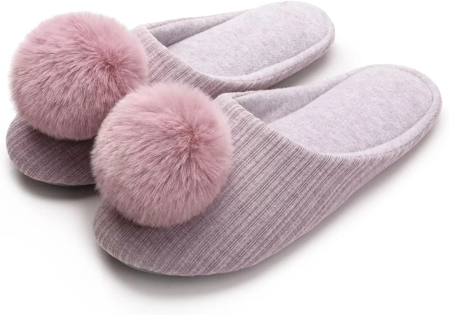 Ballerina Slippers for Women with Pom-pom Soft House Shoes Indoor Slip On with Flexible Rubber Sole