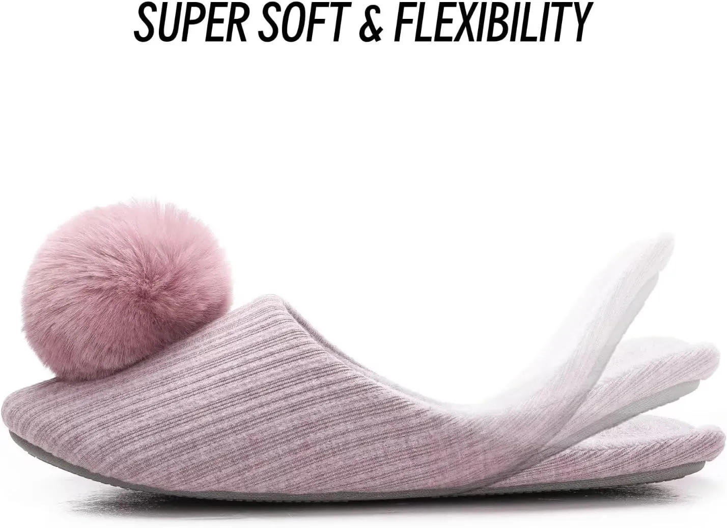 Ballerina Slippers for Women with Pom-pom Soft House Shoes Indoor Slip On with Flexible Rubber Sole