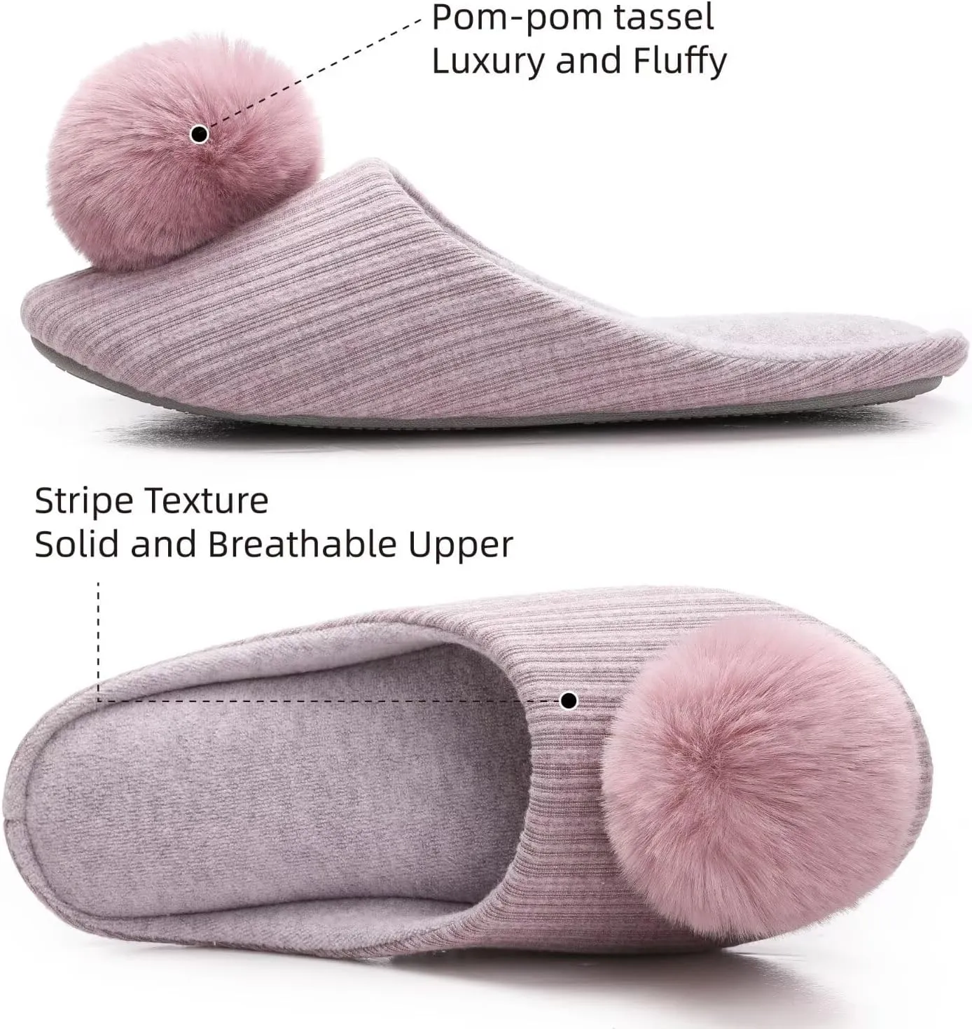 Ballerina Slippers for Women with Pom-pom Soft House Shoes Indoor Slip On with Flexible Rubber Sole