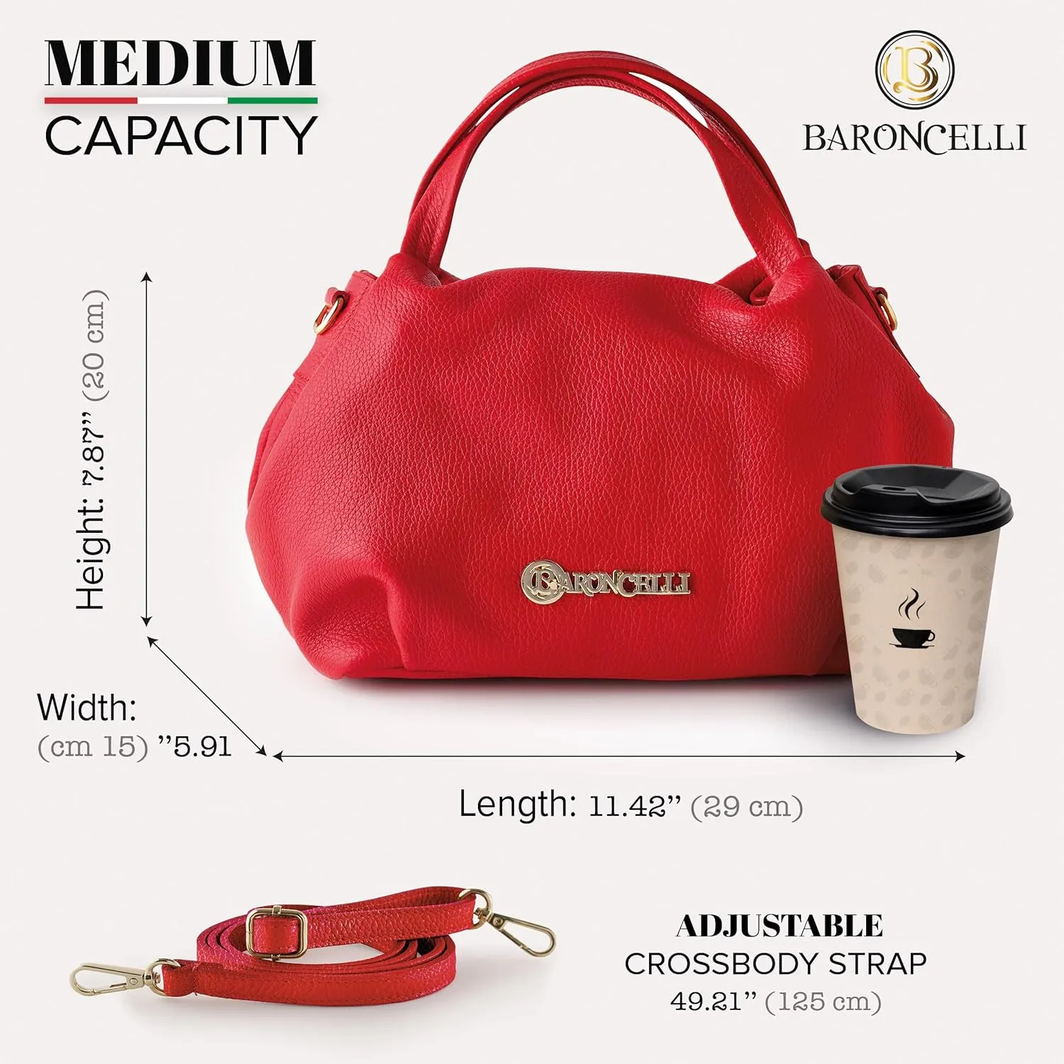 Baroncelli Italian Leather Purse for Women Genuine Soft Leather Medium Size Shoulder Crossbody Bag Made in Italy