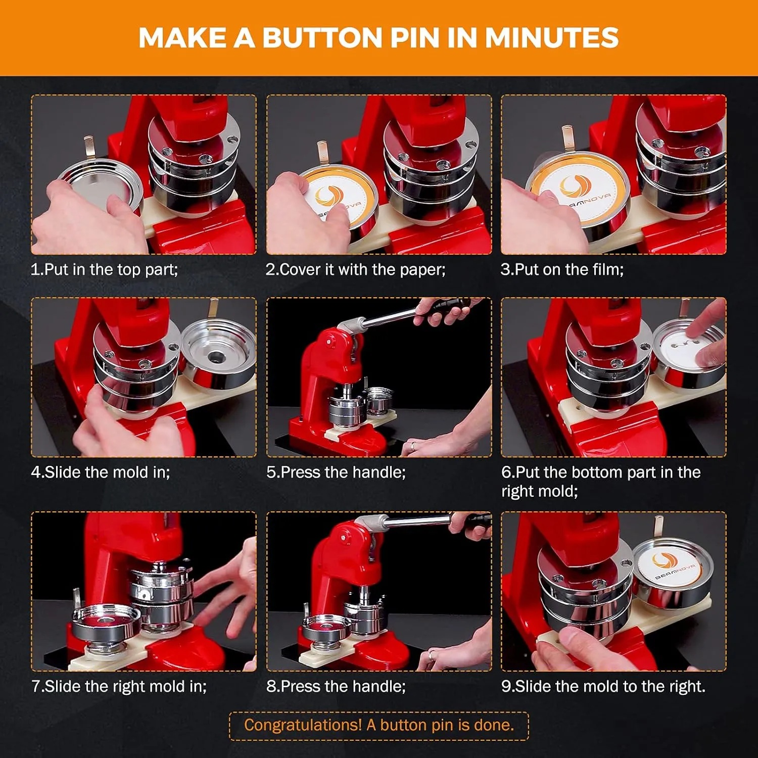 BEAMNOVA Button Maker Machine DIY Round Pin Maker Kit, 44mm / 1.73 in (About 1-3/4 Inch) Badge Press Machine with 1000 Button Parts Supplies