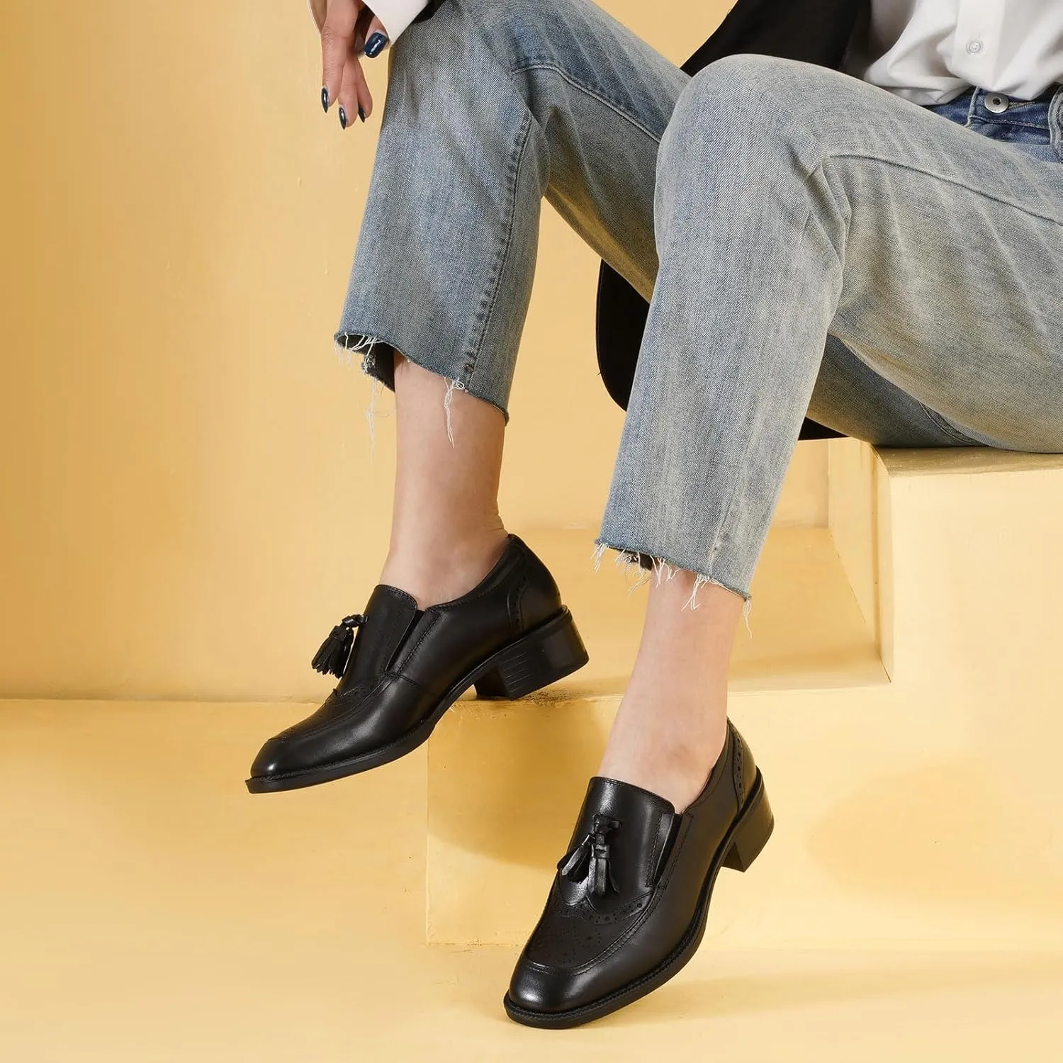 BEAU TODAY Women Loafers, Leather Tassel Loafers Women, Low Heel Flat Loafer, Slip On Square Toe Loafer, Comfortable Business Casual Dressy Brogues Shoes