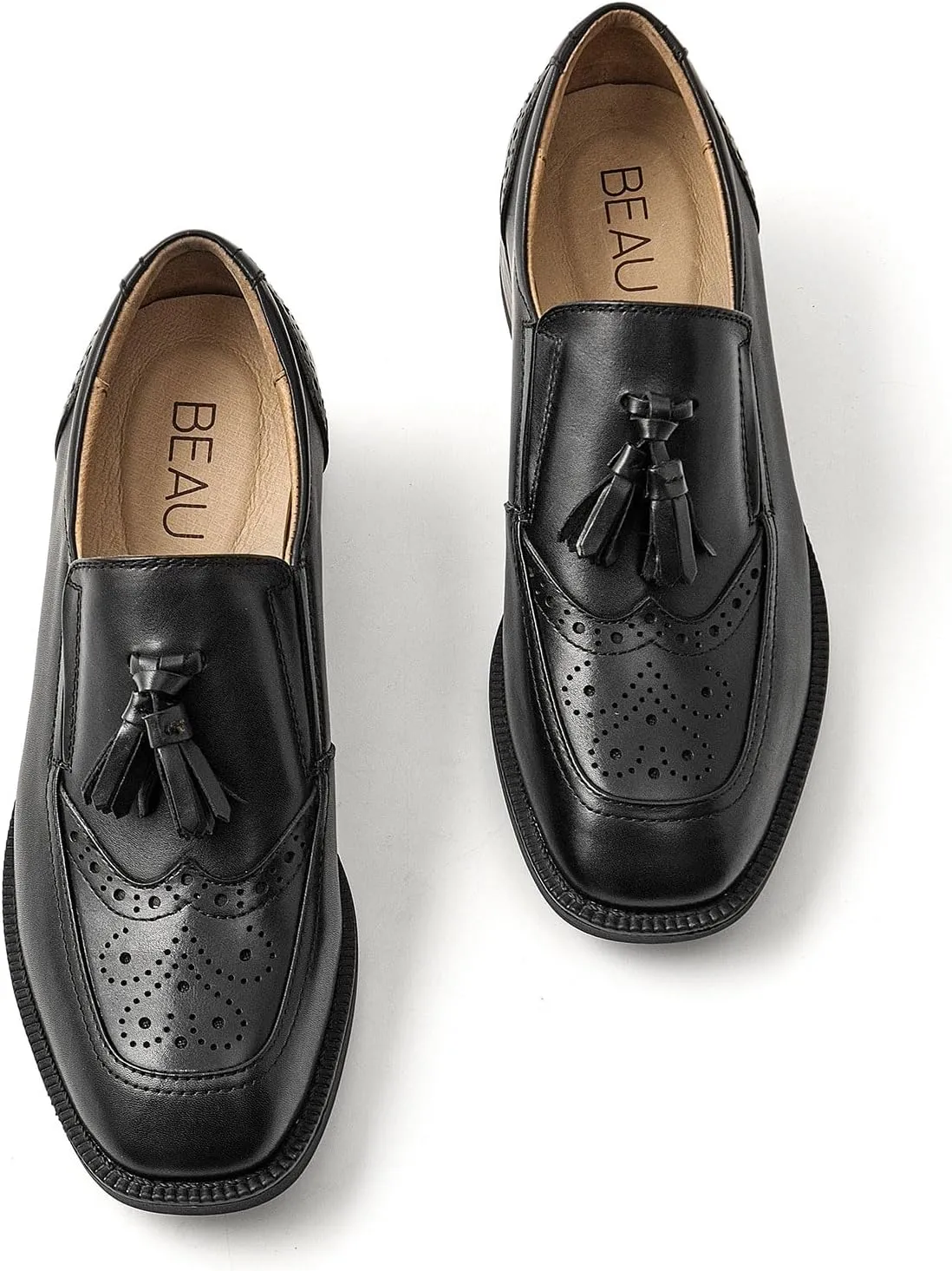 BEAU TODAY Women Loafers, Leather Tassel Loafers Women, Low Heel Flat Loafer, Slip On Square Toe Loafer, Comfortable Business Casual Dressy Brogues Shoes
