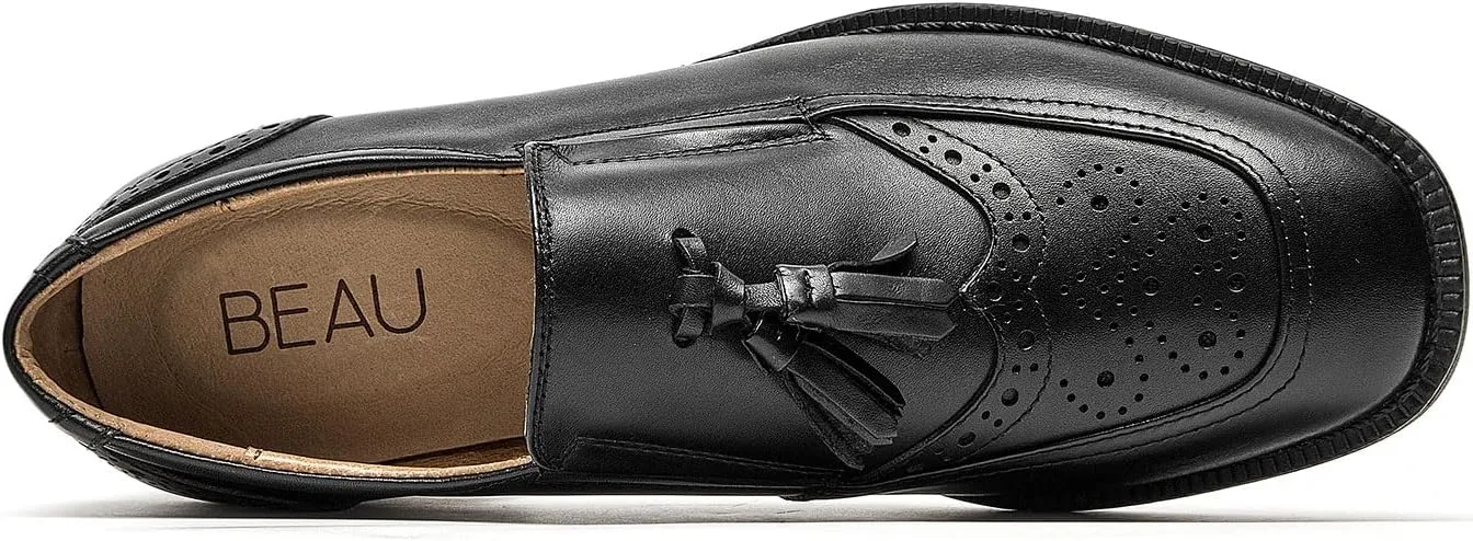 BEAU TODAY Women Loafers, Leather Tassel Loafers Women, Low Heel Flat Loafer, Slip On Square Toe Loafer, Comfortable Business Casual Dressy Brogues Shoes