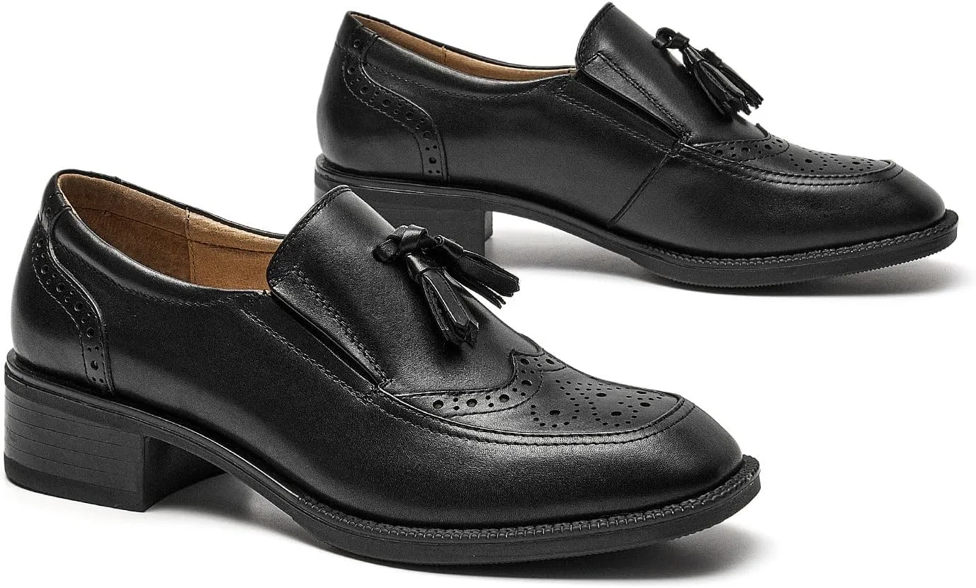 BEAU TODAY Women Loafers, Leather Tassel Loafers Women, Low Heel Flat Loafer, Slip On Square Toe Loafer, Comfortable Business Casual Dressy Brogues Shoes