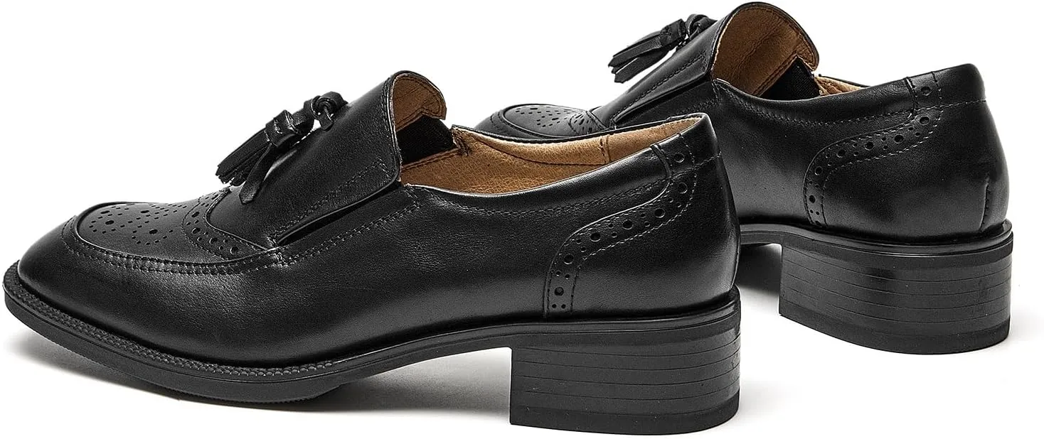 BEAU TODAY Women Loafers, Leather Tassel Loafers Women, Low Heel Flat Loafer, Slip On Square Toe Loafer, Comfortable Business Casual Dressy Brogues Shoes