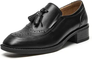 BEAU TODAY Women Loafers, Leather Tassel Loafers Women, Low Heel Flat Loafer, Slip On Square Toe Loafer, Comfortable Business Casual Dressy Brogues Shoes