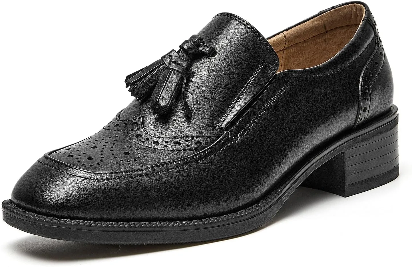 BEAU TODAY Women Loafers, Leather Tassel Loafers Women, Low Heel Flat Loafer, Slip On Square Toe Loafer, Comfortable Business Casual Dressy Brogues Shoes