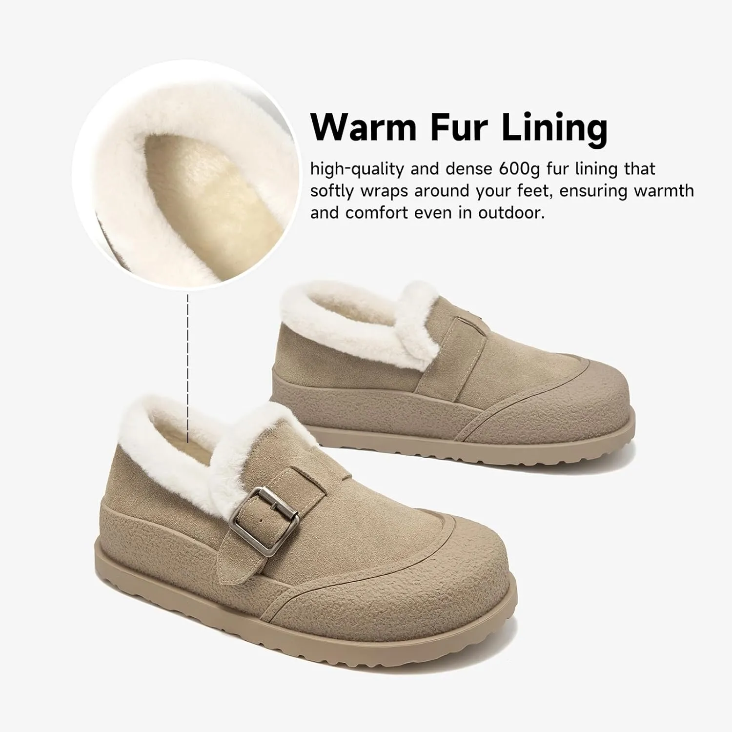 BEAU TODAY Women Winter Loafers,Platform Suede Leather Comfortable Loafers for Women,Slip On Cute Fur Lined Adjustable Loafers Mules