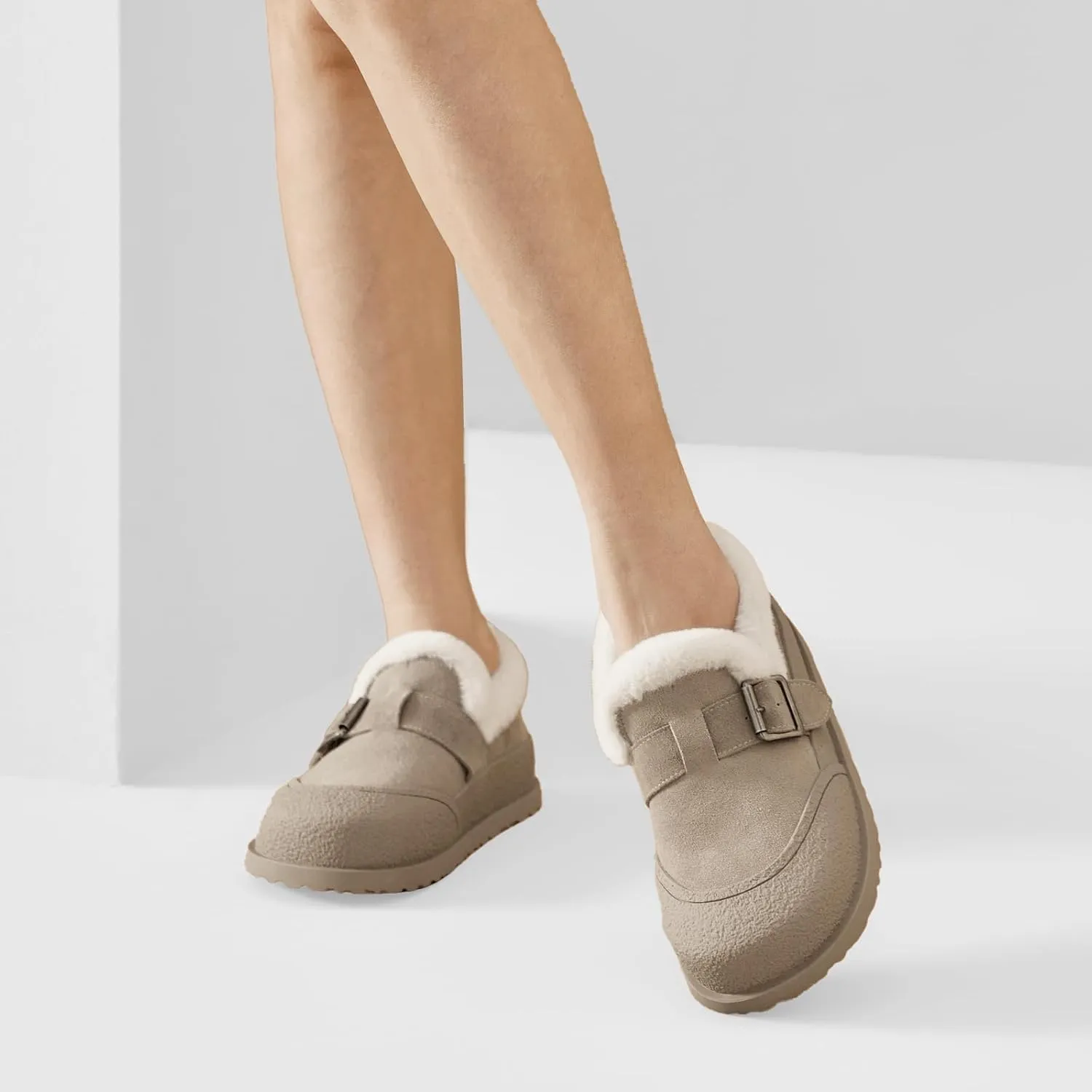 BEAU TODAY Women Winter Loafers,Platform Suede Leather Comfortable Loafers for Women,Slip On Cute Fur Lined Adjustable Loafers Mules