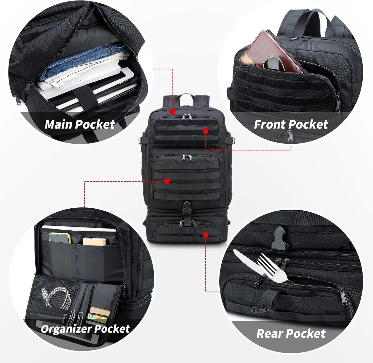 BERTASCHE Lunch Backpack for Men, 15.6 Inch Laptop Backpack for Work College Travel Camping Tactical Molle Daypack, Black