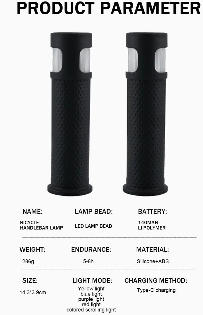Bicycle Handlebar Grips with LED Lights – USB-C Rechargeable, Universal 22mm Fit, Touch Control & 12 Light Modes for Night Riding | Shock-Absorbing Silicone Design