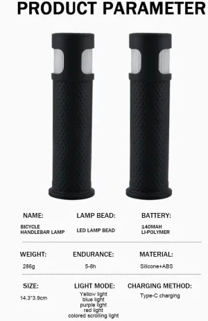 Bicycle Handlebar Grips with LED Lights – USB-C Rechargeable, Universal 22mm Fit, Touch Control & 12 Light Modes for Night Riding | Shock-Absorbing Silicone Design