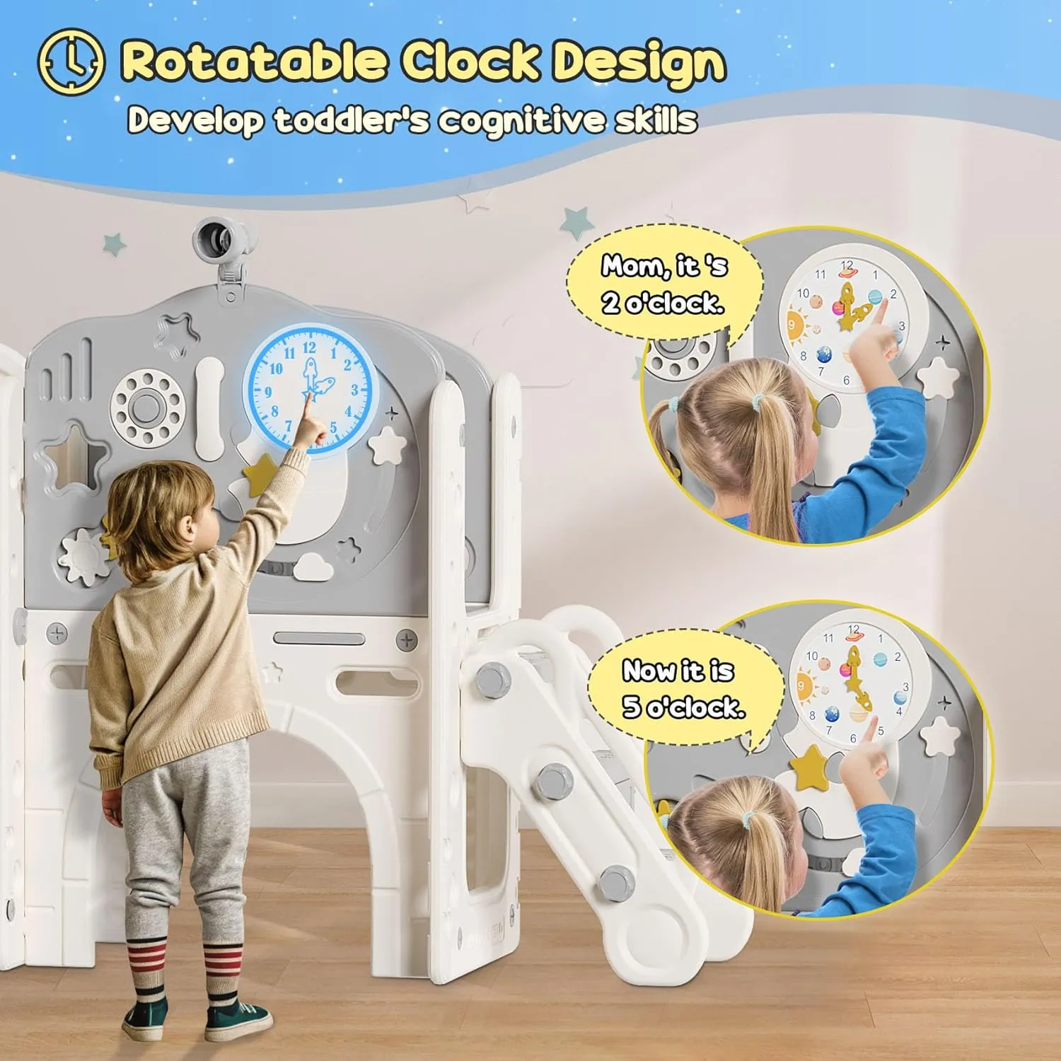 BIERUM 10 in 1 Toddler Slide, Astronaut Themed Baby Slide for Toddlers Aged 1-3, with Astronaut Design, Phone Call Design and Basketball Hoop, Toddler Playset Toddler Playground Beige Gray