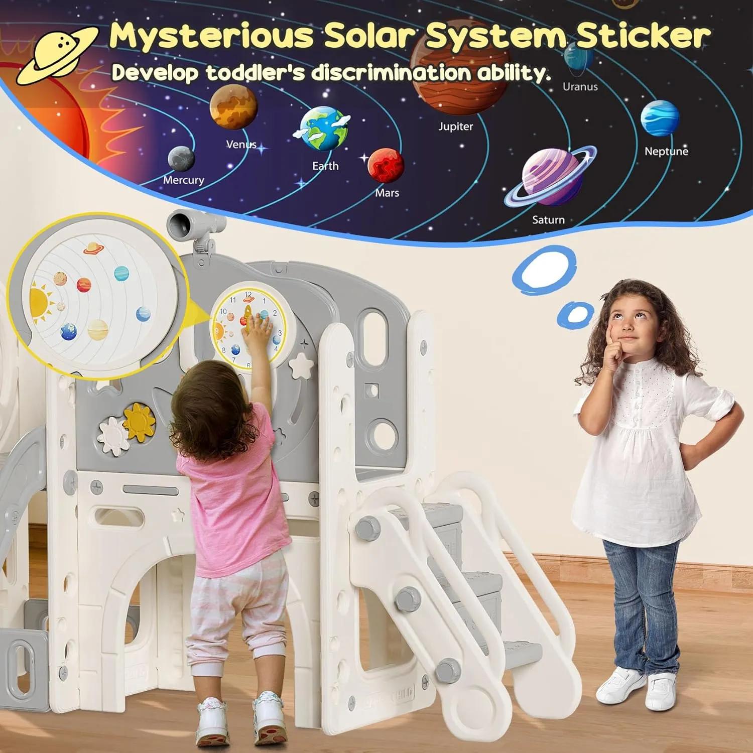 BIERUM 10 in 1 Toddler Slide, Astronaut Themed Baby Slide for Toddlers Aged 1-3, with Astronaut Design, Phone Call Design and Basketball Hoop, Toddler Playset Toddler Playground Beige Gray