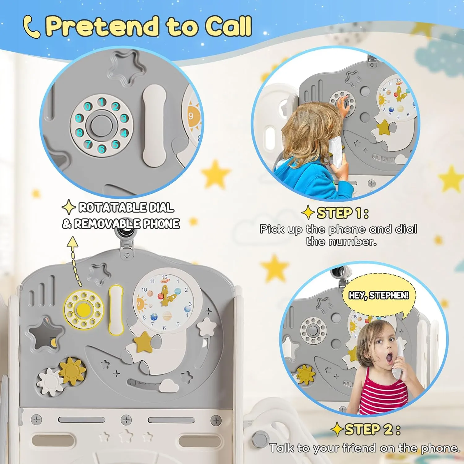 BIERUM 10 in 1 Toddler Slide, Astronaut Themed Baby Slide for Toddlers Aged 1-3, with Astronaut Design, Phone Call Design and Basketball Hoop, Toddler Playset Toddler Playground Beige Gray