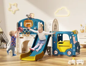 BIERUM 10 in 1 Toddler Slide, Baby Slide for Toddlers Age 1-3 with Ring Toss, Basketball Hoop and Bus Play House, Indoor Outdoor Playset Playground Blue Yellow