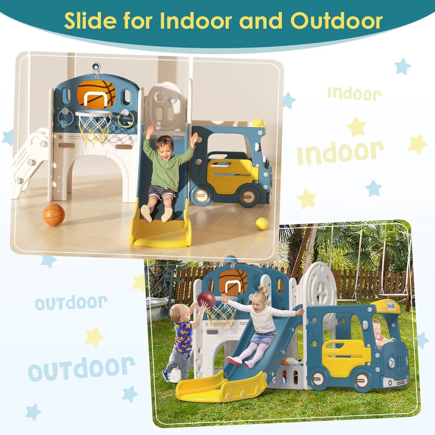 BIERUM 10 in 1 Toddler Slide, Baby Slide for Toddlers Age 1-3 with Ring Toss, Basketball Hoop and Bus Play House, Indoor Outdoor Playset Playground Blue Yellow