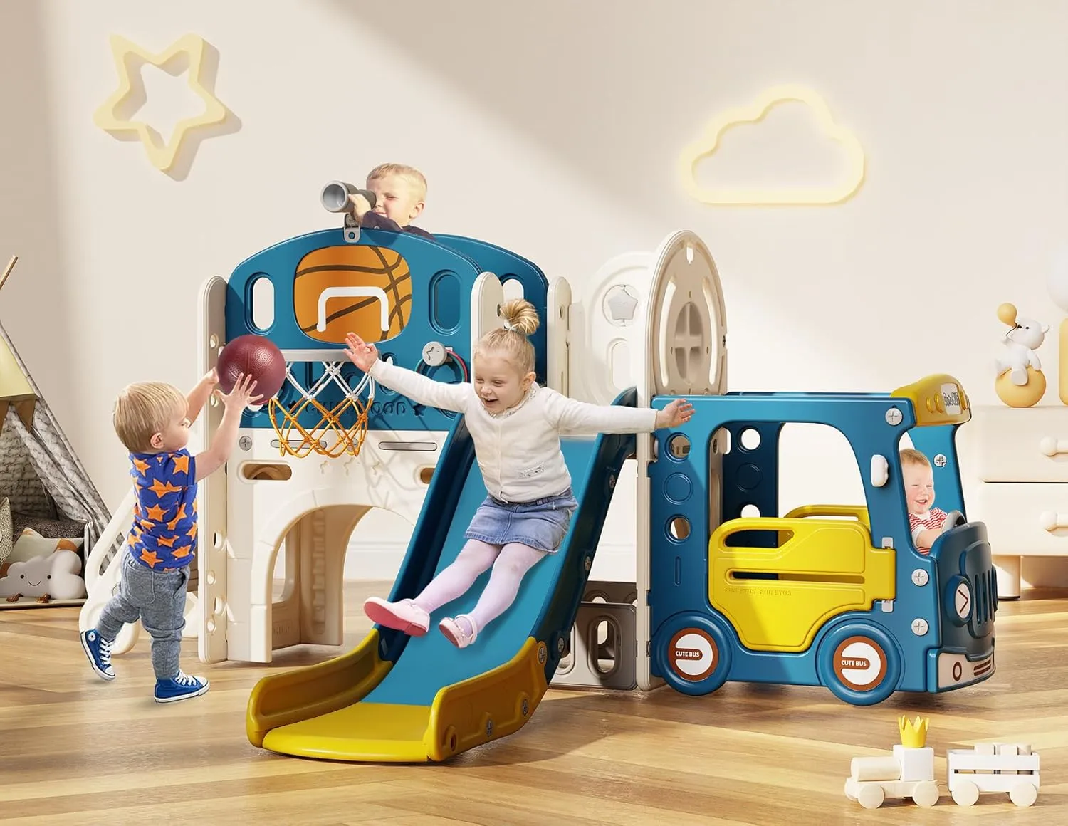BIERUM 10 in 1 Toddler Slide, Baby Slide for Toddlers Age 1-3 with Ring Toss, Basketball Hoop and Bus Play House, Indoor Outdoor Playset Playground Blue Yellow