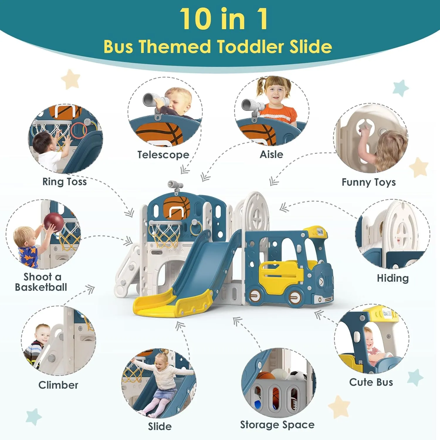 BIERUM 10 in 1 Toddler Slide, Baby Slide for Toddlers Age 1-3 with Ring Toss, Basketball Hoop and Bus Play House, Indoor Outdoor Playset Playground Blue Yellow