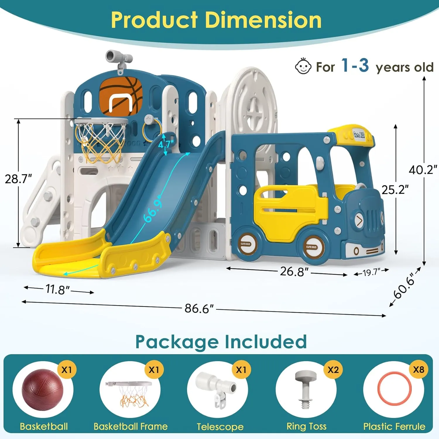 BIERUM 10 in 1 Toddler Slide, Baby Slide for Toddlers Age 1-3 with Ring Toss, Basketball Hoop and Bus Play House, Indoor Outdoor Playset Playground Blue Yellow