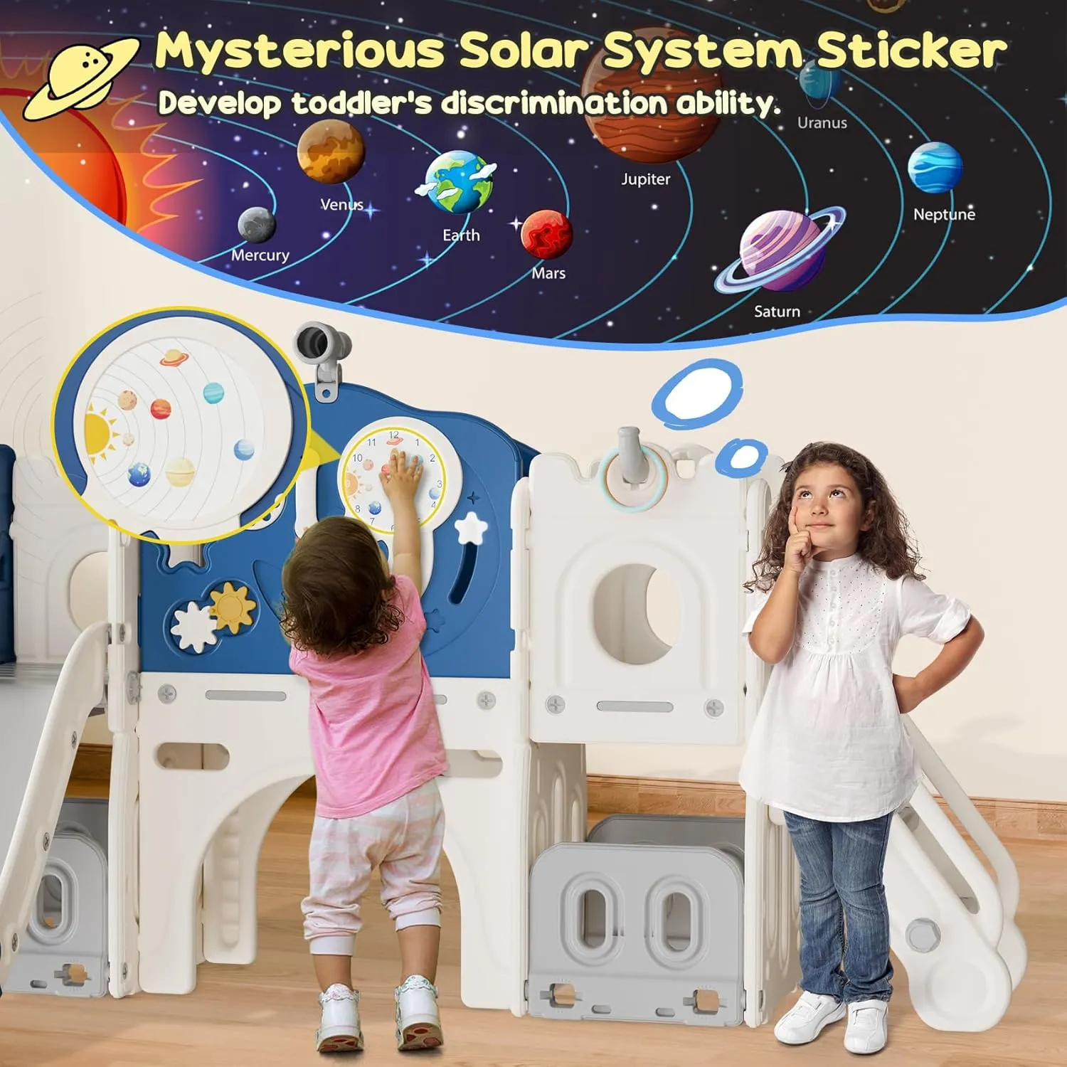 BIERUM 12 in 1 Toddler Indoor Slide, Astronaut Themed Baby Slide for Toddlers Aged 1-3, with Astronaut, Phone Call Design, Playset Playground Blue Gray Combo