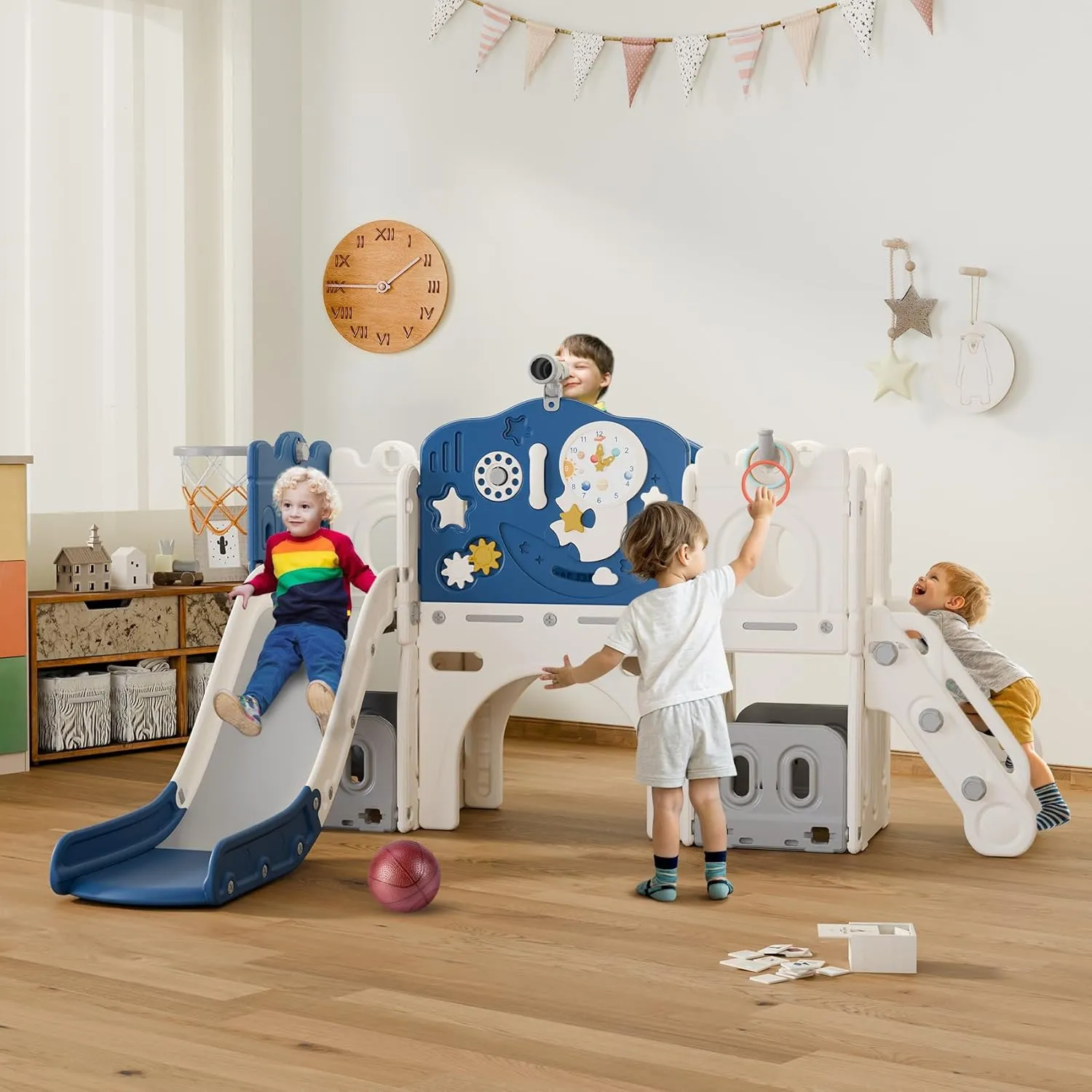 BIERUM 12 in 1 Toddler Indoor Slide, Astronaut Themed Baby Slide for Toddlers Aged 1-3, with Astronaut, Phone Call Design, Playset Playground Blue Gray Combo