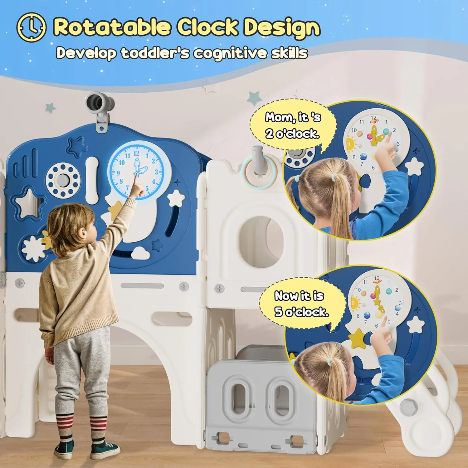 BIERUM 12 in 1 Toddler Indoor Slide, Astronaut Themed Baby Slide for Toddlers Aged 1-3, with Astronaut, Phone Call Design, Playset Playground Blue Gray Combo