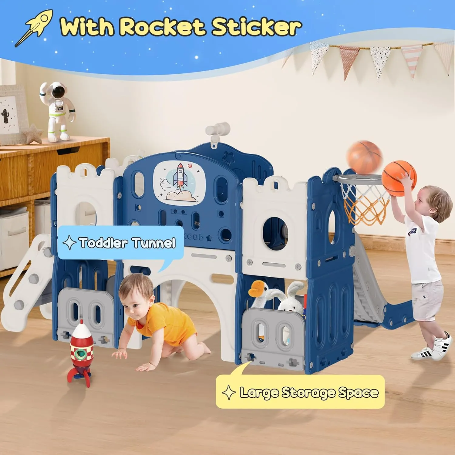 BIERUM 12 in 1 Toddler Indoor Slide, Astronaut Themed Baby Slide for Toddlers Aged 1-3, with Astronaut, Phone Call Design, Playset Playground Blue Gray Combo
