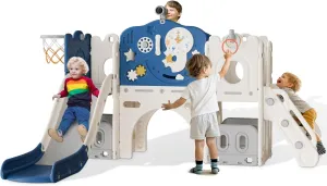 BIERUM 12 in 1 Toddler Indoor Slide, Astronaut Themed Baby Slide for Toddlers Aged 1-3, with Astronaut, Phone Call Design, Playset Playground Blue Gray Combo
