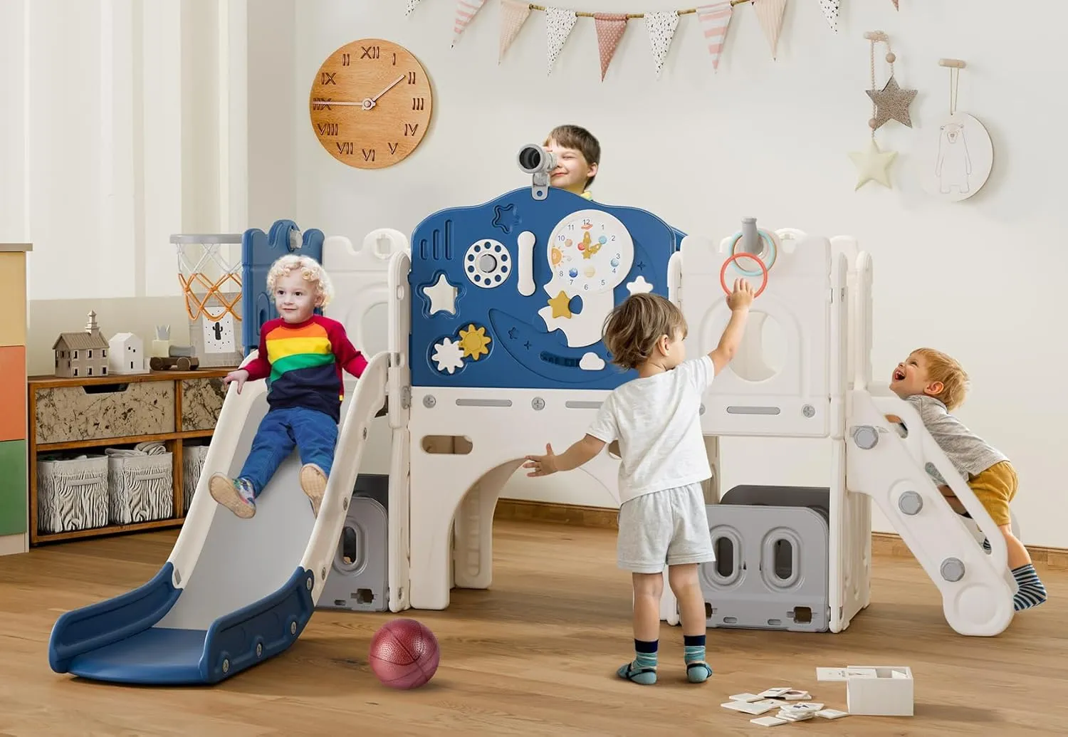 BIERUM 12 in 1 Toddler Slide, Astronaut Themed Baby Slide for Toddlers Aged 1-3, with Astronaut, Moon, Cloud, Star, Phone Call Design, Basketball Hoop and Ring Toss, Toddler Playset Blue Gray Combo