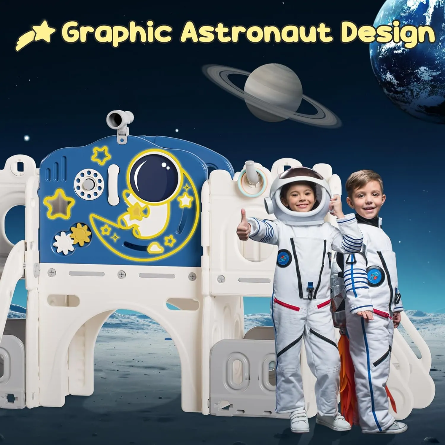 BIERUM 12 in 1 Toddler Slide, Astronaut Themed Baby Slide for Toddlers Aged 1-3, with Astronaut, Moon, Cloud, Star, Phone Call Design, Basketball Hoop and Ring Toss, Toddler Playset Blue Gray Combo