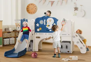 BIERUM 12 in 1 Toddler Slide, Astronaut Themed Baby Slide for Toddlers Aged 1-3, with Astronaut, Moon, Cloud, Star, Phone Call Design, Basketball Hoop and Ring Toss, Toddler Playset Blue Gray Combo