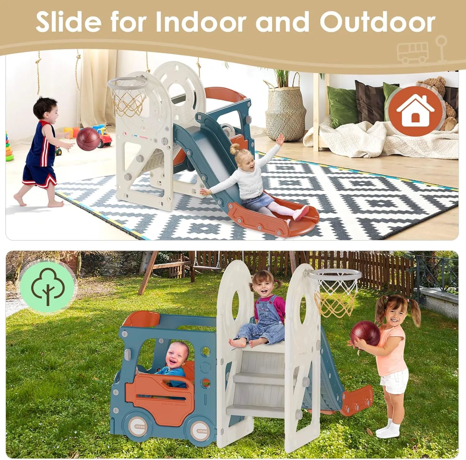 BIERUM 4 in 1 Toddler Slide, Bus Themed Baby Slide for Toddlers Age 1-3, with Basketball Hoop, Indoor Outdoor Playset Playground Blue Red